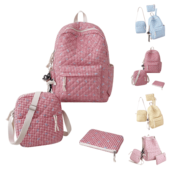 3 PCS Red Quilted Gingham Backpack Set for Women, 3 in 1 Cute Bow Embroidered Plaid Daypack with Crossbody Bag & Small Pouch, Aesthetic Casual Travel School Backpack