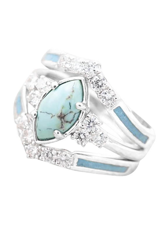 3 PCS Ring Set Natural Turquoise Diamond Rings Elegant Rings Turquoise Ring for Women 3-in-1 Simulated Diamond Ring Engagement Rings Bohemian Ring Jewelry