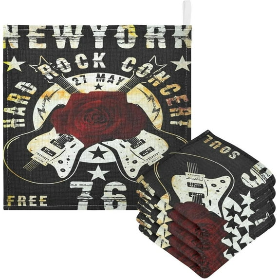 3 PCS Rock Guitar Rose Baby Muslin Washcloths, Vintage Soft Absorbent Face Towel Burp Cloths Cotton Bath Wipes Infant Wash Cloth for Newborn Boys Girls
