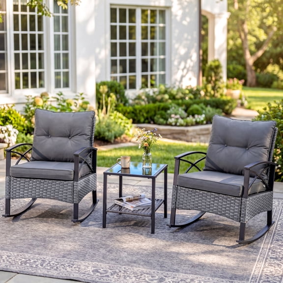 3 PCS Rocking Bistro Set, Outdoor Patio Porch Furniture Sectional Chairs with Coffee Table, PE Rattan Patio Furniture Conversation Set for Lawn Pool, Courtyard, Garden, Balcony - Gray