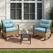 3 PCS Rocking Bistro Set, Outdoor Patio Porch Furniture Sectional Chairs with Tea Table, PE Rattan Patio Furniture Conversation Set for Lawn Pool Courtyard Garden Balcony