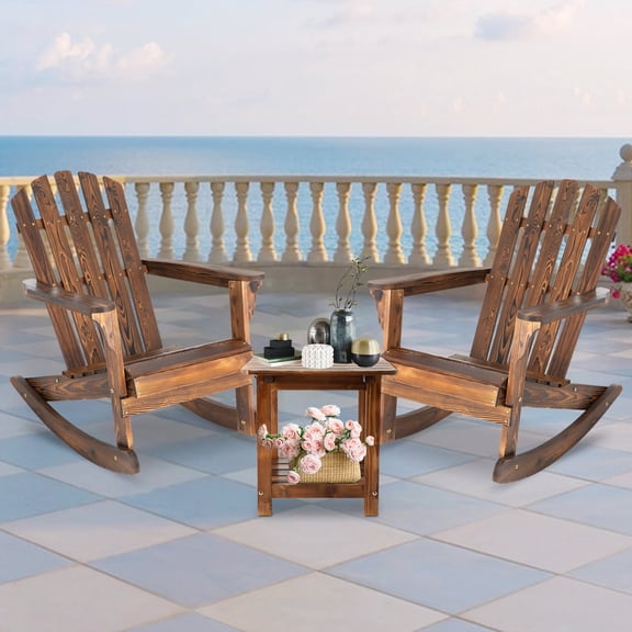 3 PCS Rocking Bistro Set - Patio Rocking Chair Set (2 Chairs + 1 Table), Rustic Adirondack Rocker Chairs & Side Table (Brown)