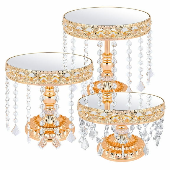 3 PCS Round Cake Stand with Crystal Bling European Style Lace Cake Plate Golden Premium Display Stand with Crystal Bling Dessert Showcase Set for Birthday Parties,Wedding,Banquet Y101