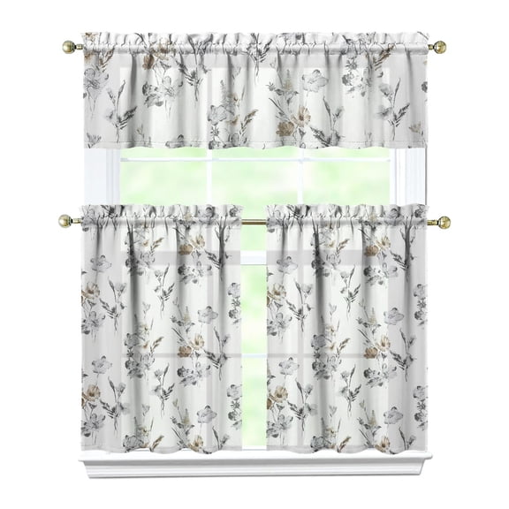 3 PCS Rustic Floral Kitchen Curtains - Farmhouse Botanical Print Semi-Sheer Window Panels