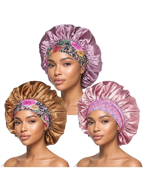 3 PCS Satin Sleep Caps For Women Soft Band Hair Caps Hair Bonnet For Sleeping, Pink, Purple and Bronze