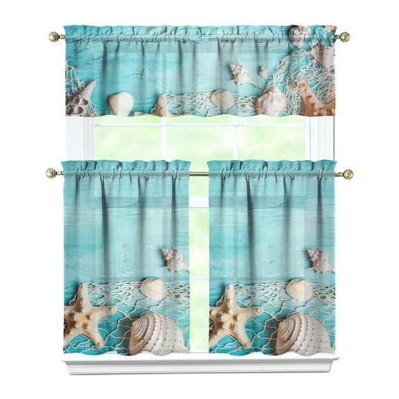 3 PCS Seashell Beach Kitchen Curtains Set with Valance, Nautical Tier Curtains for Windows, Tropical Semi-Sheer Rod Pocket Caf Curtains (54x18"+2x27.5x36")