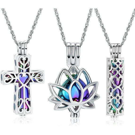 3 PCS Set Heart Lotus Cross Cylinder Cremation Jewelry for Ashes Loved One for Pet Ashes Cremation Jewelry for Women Memorial Human Pet Ashes Pendant 3 Pack Urn Necklace for Ashes
