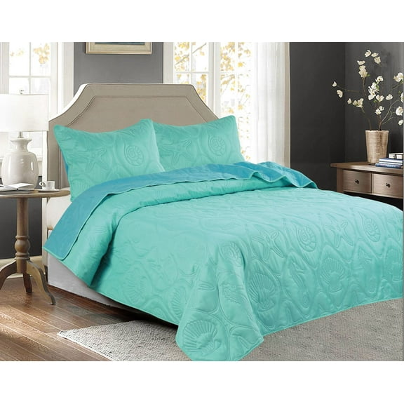 3 PCS Shell & Seahorse Stitched Pinsonic Reversible All Season Soft Microfiber Bedspread Quilt Coverlet Oversize Turquoise Color Queen Size