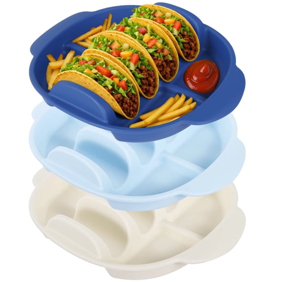 3 PCS Silicone Taco Plates with Handles, 3-Slot Reusable Taco Tray with Side Compartments for Sauce & Snacks, Large Taco Serving Holders for Taco Tuesday, Microwave & Dishwasher Safe