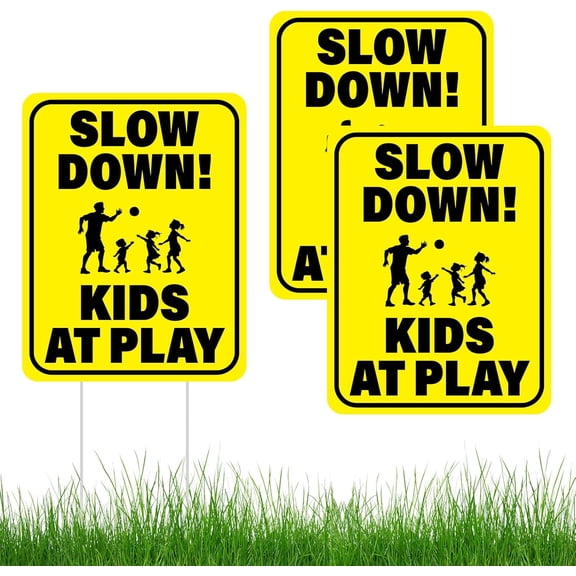 3 PCS Slow Down Kids At Play Sign 14.2 x 11 Inches Children At Play Safety Signs for Street Double Sided Weatherproof Slow Down Signs for Street Neighborhoods Yard Outdoor Use Yellow