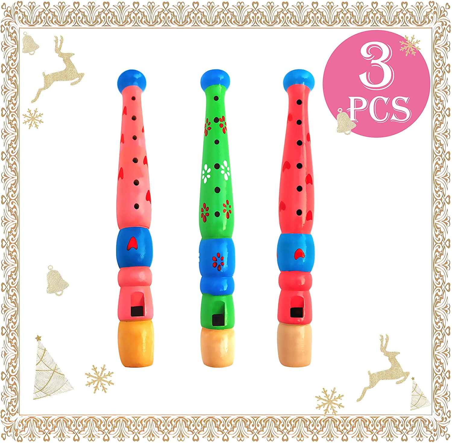 3 PCS Small Wooden Recorders for Toddlers, Colorful Piccolo Flute for Kids,Wood Recorder