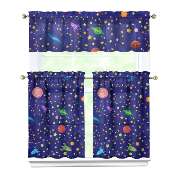 3 PCS Space Galaxy Kitchen Curtains Set with Valance, Astronaut Planet Starry Night Cosmos Tier Curtains for Small Windows, Semi-Sheer Outer Space Window Treatment Panels