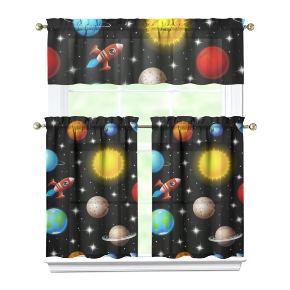 3 PCS Spacecraft Alien Kitchen Curtains - Sci-Fi Lovers Theme, Semi-Sheer Tier Panels, Farmhouse Style