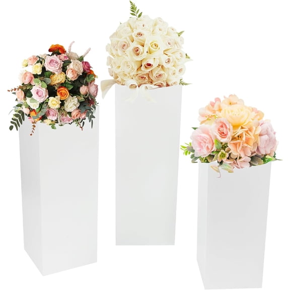 3 PCS Square Pedestal Stands, Free Standing Metal White Flower Display Rack Stand, Reusable Plinths Dessert Table, Tall Pedestal Cake Cube Display Pillars for Wedding, Birthday Decorations