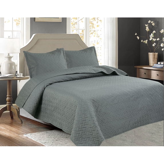 3 PCS Squared Stitched Pinsonic Reversible All Season Bedspread Quilt Coverlet Oversize Queen Size Grey Color