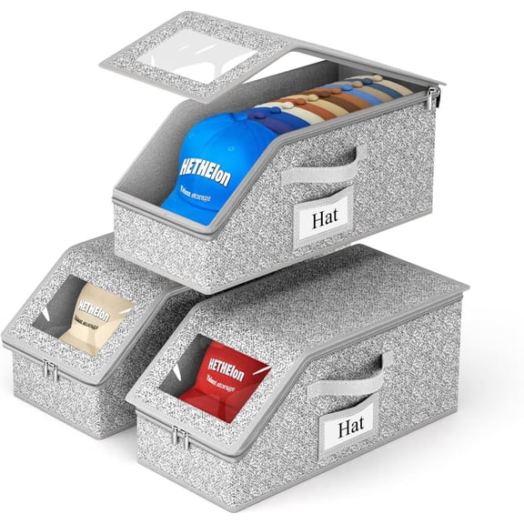 3 PCS Stackable Hat Storage, Hold Up to 36 Caps Hat Organizer for Baseball Caps, Clear Hat Boxes for Men with Cardboard, Grey