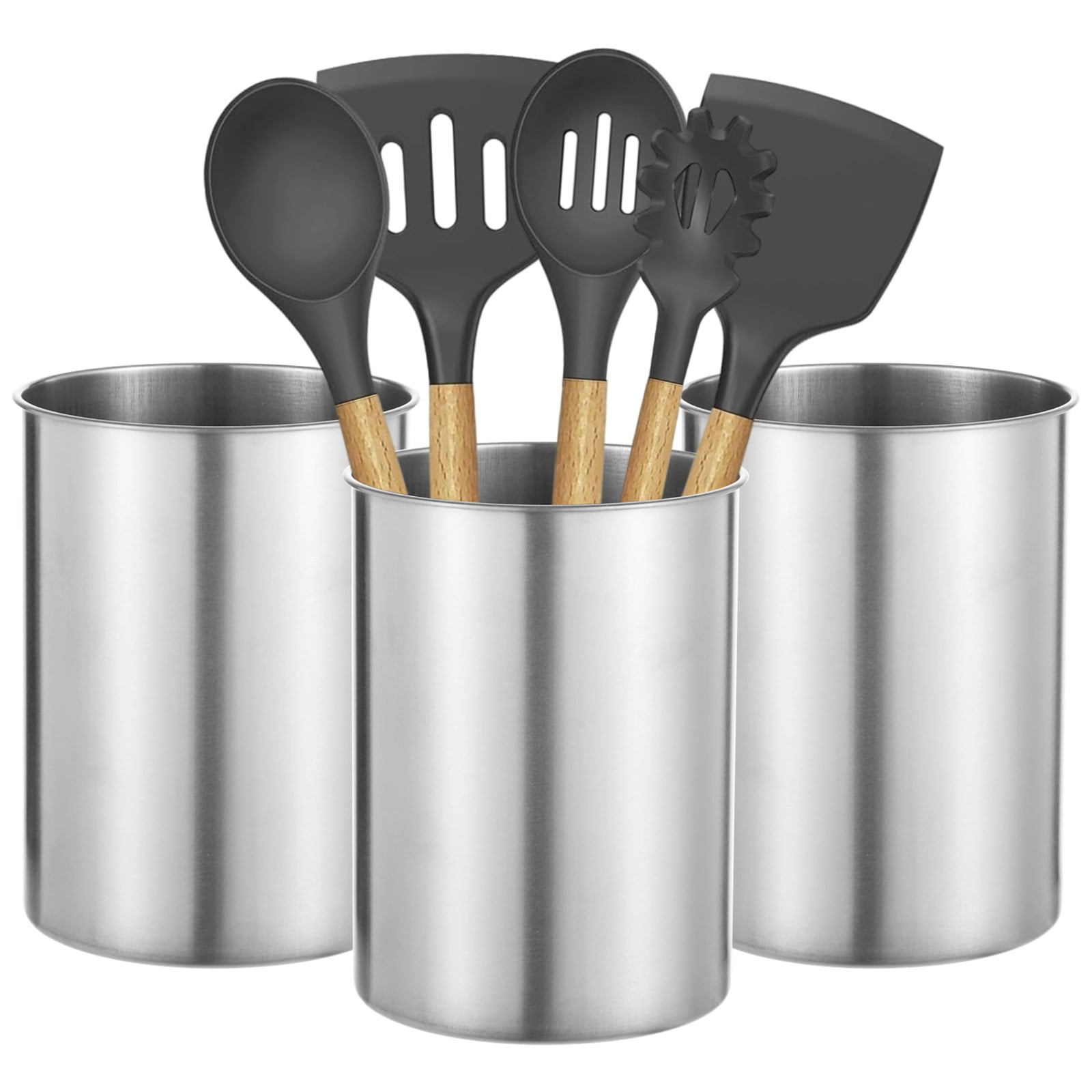3 PCS Stainless Steel Kitchen Utensil Holders, 5.5 x 7.3 in Cylinder Kitchen Countertop Organizer, Dishwasher Safe Cooking Utensil Holder, Large Capacity for Cafe Restaurant Bakery