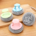 thumbnail image 1 of 3 PCS Stainless Steel Scrubber with Ergonomic Handle,Heavy-Duty Steel Wool Scrubber Tool for Cleaning Dishes,Reusable Scrubbing Scouring Brush Pad for Kitchen Pots,Pans,Sink (Pink), 1 of 5