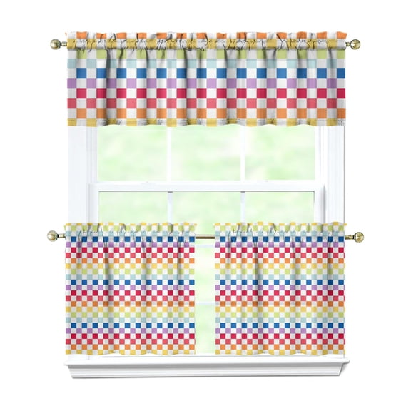 3 PCS Striped and Checkered Fusion Kitchen Curtains - Rustic Plaid Valance + Tier Panels, Vintage Checkered Rod Pocket Window Panels for Farmhouse Decor