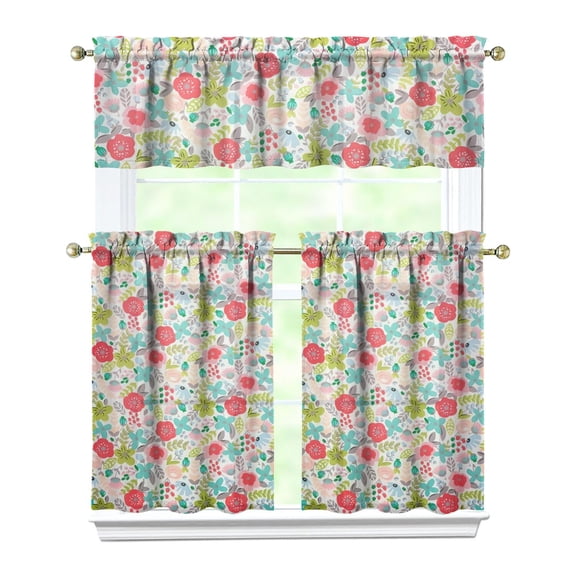 3 PCS Sunflower and Daisy Kitchen Curtains - Bright Vintage Floral Print Tier Curtains