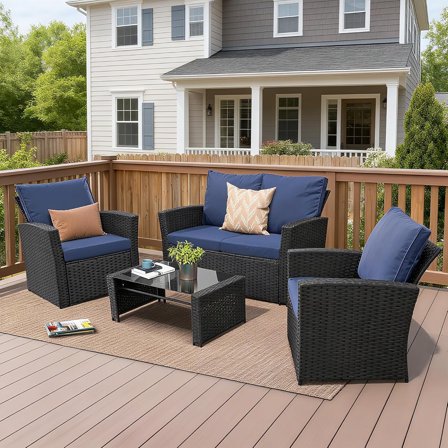 4 Piece Outdoor Patio Furniture Set,Wicker Conversation Sets Outdoor Sectional Patio Sofa Couch with Cushions & Coffee Table for Outside, Garden, Balcony, Porch,Black/Blue