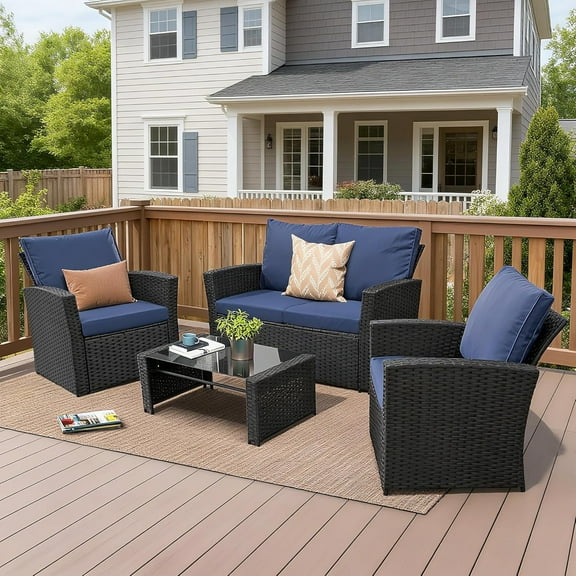 4 Piece Outdoor Patio Furniture Set,Wicker Conversation Sets Outdoor Sectional Patio Sofa Couch with Cushions & Coffee Table for Outside, Garden, Balcony, Porch,Black/Blue