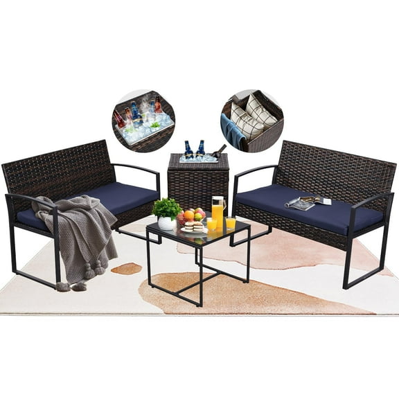 4 Piece Outdoor Patio Furniture Set,Wicker Conversation Sets Patio Sofa Couch with Built-in Beverage Cooler Storage Box & Coffee Table for Outside, Garden, Balcony, Porch,Brown/Blue