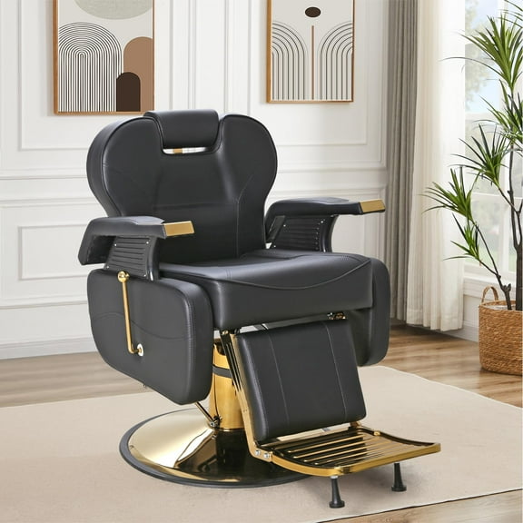 Barber Chairs for Barbershop, Heavy Duty Hydraulic Barber Chair 360° Swivel Reclining, Adjustable PU Leather Beauty Salon Chair for Barbershop Spa Black/Gold