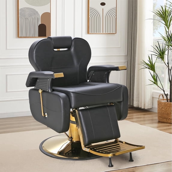 Barber Chairs for Barbershop, Heavy‑Duty Hydraulic 360° Swivel Reclining Salon Furniture, Adjustable PU Leather Styling Chair for Spa & Beauty Salon, Black/Gold