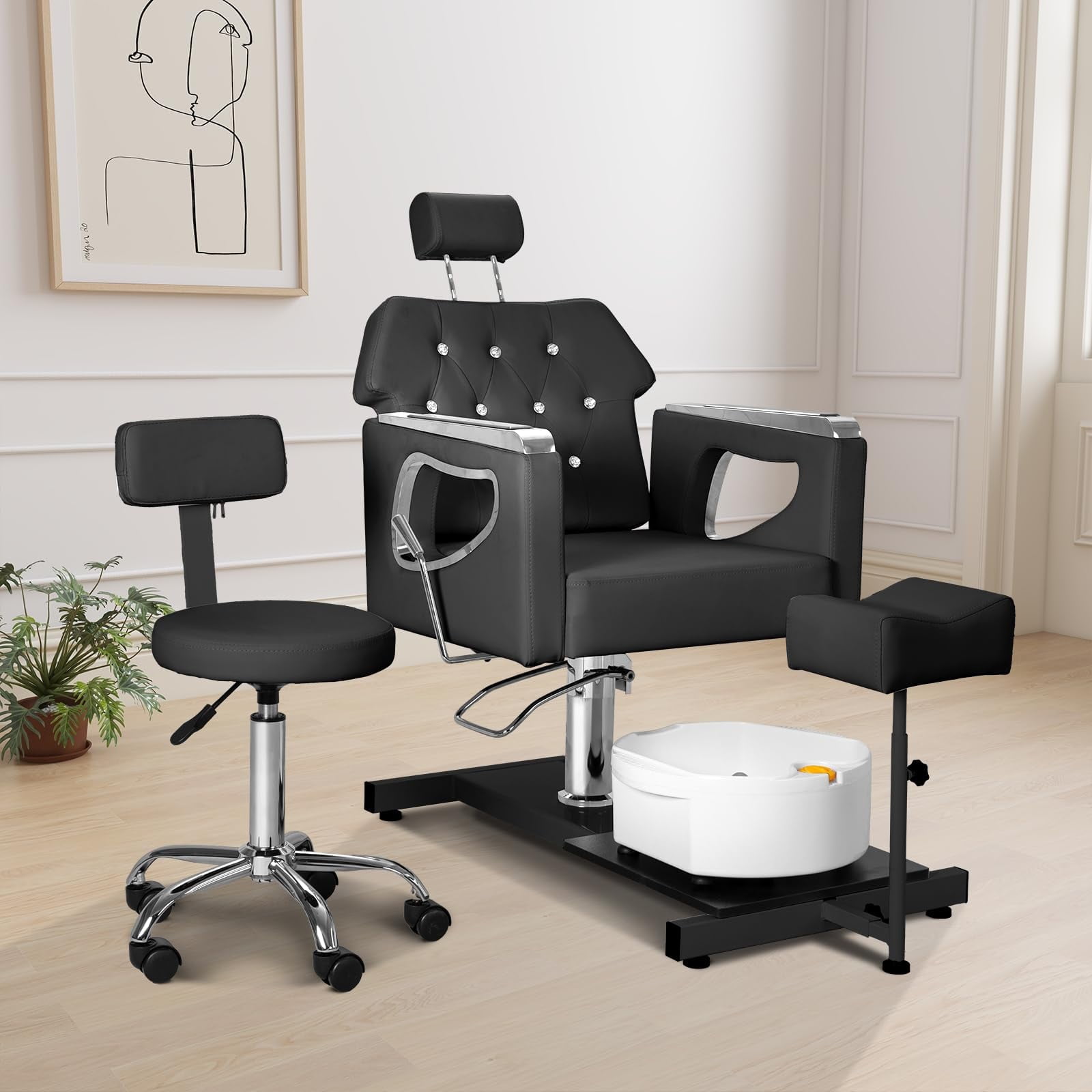 Reclining Pedicure Chair with Stool, Footrest & Massage Foot Basin,No Plumbing, Height Adjustable Pedicure Station, 360 Swivel Hydraulic Chair for Nail Tech, Spa, Salon (Black)