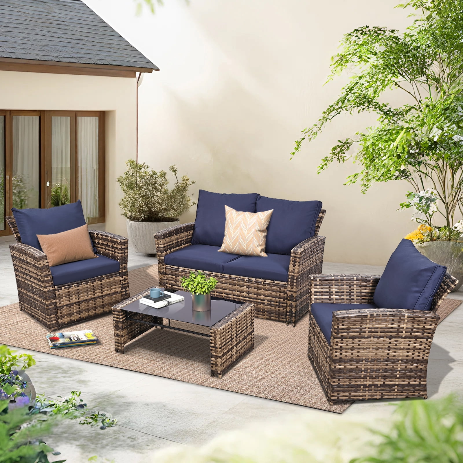 4 Piece Outdoor Patio Furniture Set,Wicker Conversation Sets Outdoor Sectional Patio Sofa Couch with Cushions & Coffee Table for Outside, Garden, Balcony, Porch,Yellow/Blue