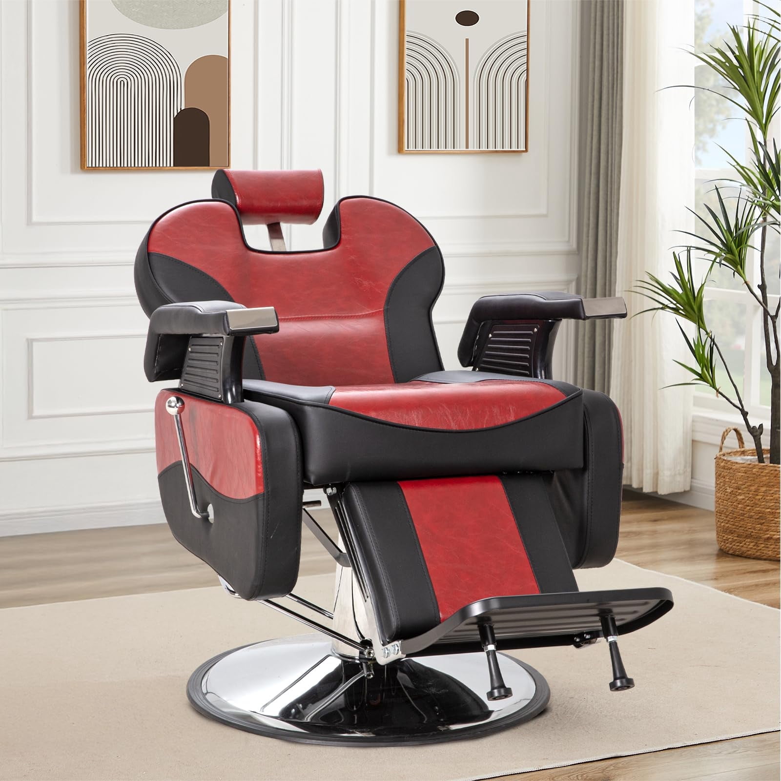 Barber Chairs for Barbershop, Heavy Duty Hydraulic Barber Chair 360° Swivel Reclining, Adjustable PU Leather Beauty Salon Chair for Barbershop Spa Black/Red
