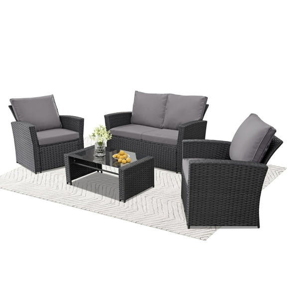 4 Piece Outdoor Patio Furniture Set,Wicker Conversation Sets Outdoor Sectional Patio Sofa Couch with Cushions & Coffee Table for Outside, Garden, Balcony, Porch,Black/Grey