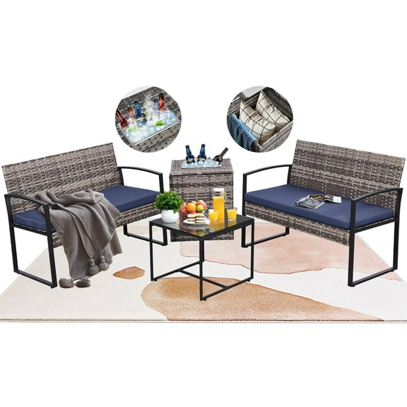 4 Piece Outdoor Patio Furniture Set,Wicker Conversation Sets Patio Sofa Couch with Built-in Beverage Cooler Storage Box & Coffee Table for Outside, Garden, Balcony, Porch,Grey/Blue