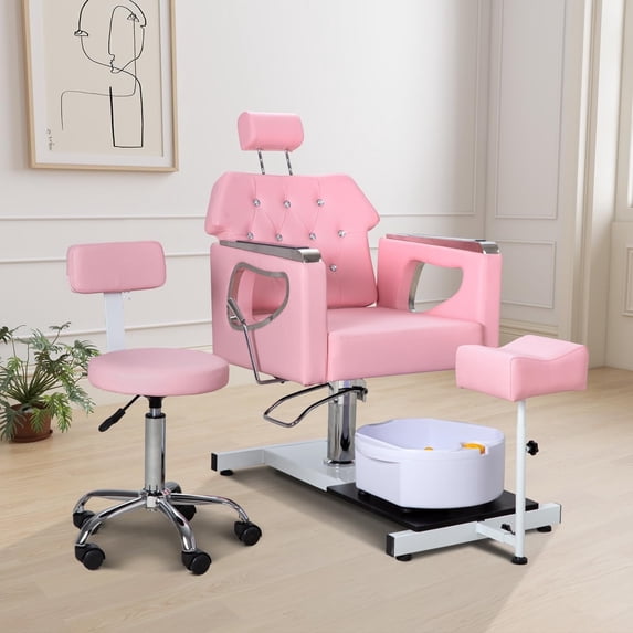 Pedicure Chair No Plumbing, 360° Swivel Hydraulic Adjustable Reclining Station with Massage Foot Bath & Footrest for Nail Tech, Spa, Salon (Pink)
