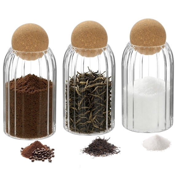 3 Pack 800ml High Borosilicate Glass Storage Jars with Cork Ball Lids Ribbed Clear Canisters for Tea, Coffee & Sugar, Kitchen Counter Food Organizer, Pantry Storage