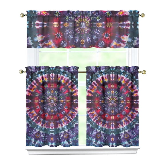 3 PCS Tie Dye Kitchen Curtains Set with Valance - Rainbow Watercolor Abstract Boho Tier Curtains for Small Windows, Semi-Sheer Rod Pocket Farmhouse Window Treatment Panels (54x18 + 27.5x36x2)