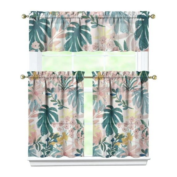3 PCS Tropical Floral Kitchen Curtains - Boho Garden Print Rod Pocket Curtains