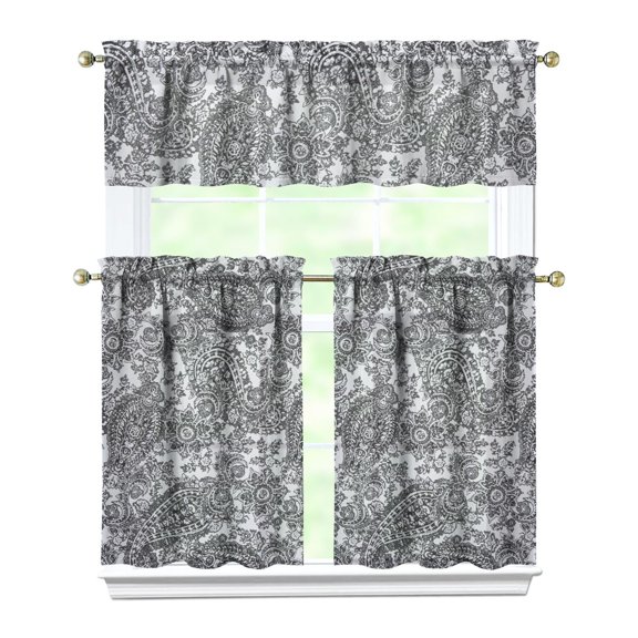 3 PCS Tropical Floral Kitchen Curtains - Boho Garden Print Semi-Sheer Curtains