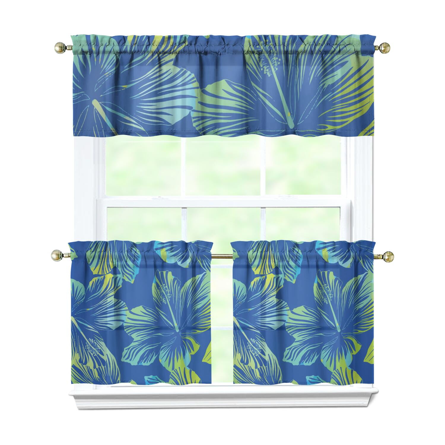 3 PCS Tropical Floral Kitchen Curtains Set with Valance - Exotic Floral Semi-Sheer Tier Curtains for Windows, Boho Botanical Print, Rod Pocket 54x18 & 27.5x24 Inch