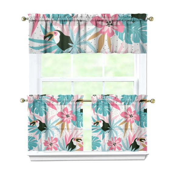 3 PCS Tropical Floral Kitchen Curtains Set with Valance - Exotic Floral Semi-Sheer Tier Curtains for Windows, Boho Botanical Print, Rod Pocket 54x18 & 27.5x24 Inch