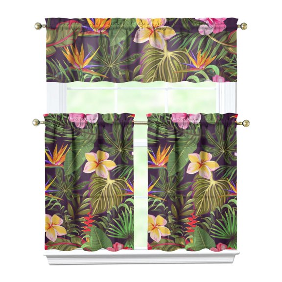 3 PCS Tropical Floral Kitchen Curtains Set with Valance - Exotic Floral Semi-Sheer Tier Curtains for Windows, Boho Farmhouse Style, Rod Pocket Design