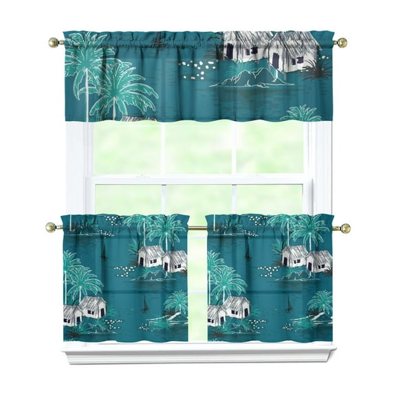 3 PCS Tropical Kitchen Curtains Set - Hawaiian Island Classic Rod Pocket Tier & Valance (54x18" + 2x27.5x24") Coastal Paradise Semi-Sheer Farmhouse Window Panels