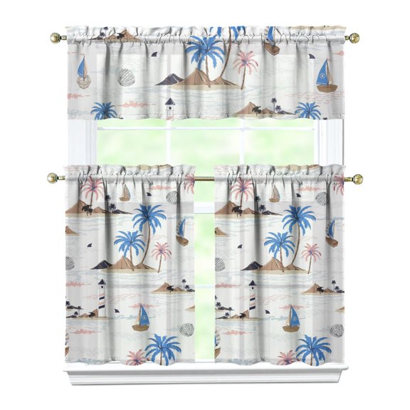 3 PCS Tropical Kitchen Curtains Set - Hawaiian Island Valance & Tier Panels, Coastal Paradise Window Treatment, Rod Pocket Farmhouse Curtains
