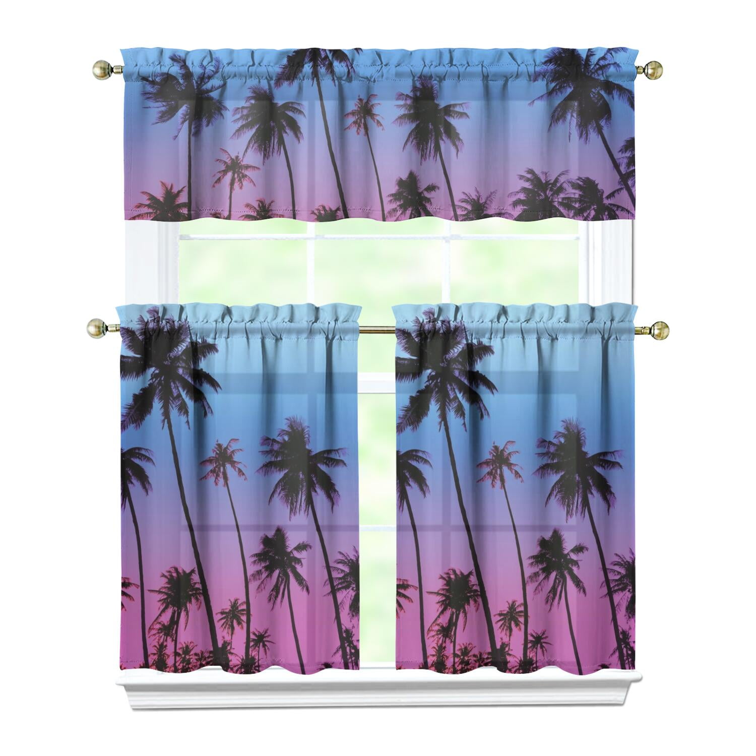 3 PCS Tropical Palm Trees Kitchen Curtains Set with Valance, Hawaii ...