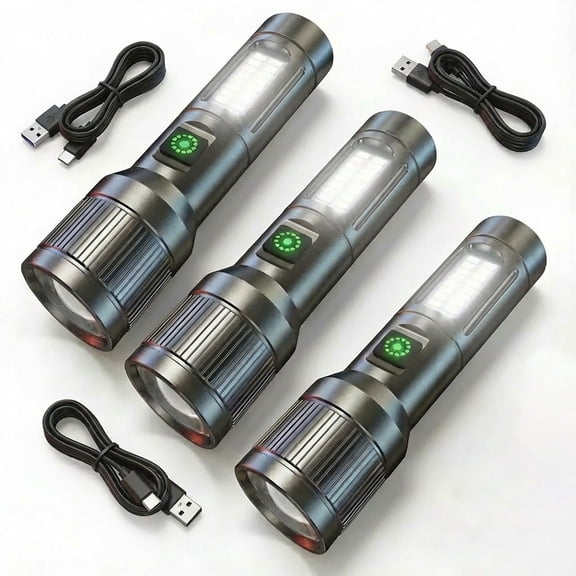3 PCS Ultra Bright Rechargeable Flashlights, 5300 High Lumens Tactical Flashlight with 6 Modes, Adjustable Flash Light , USB-C Rechargeable, Aluminum Flashlights for Home Emergency, Hurricane- Grey