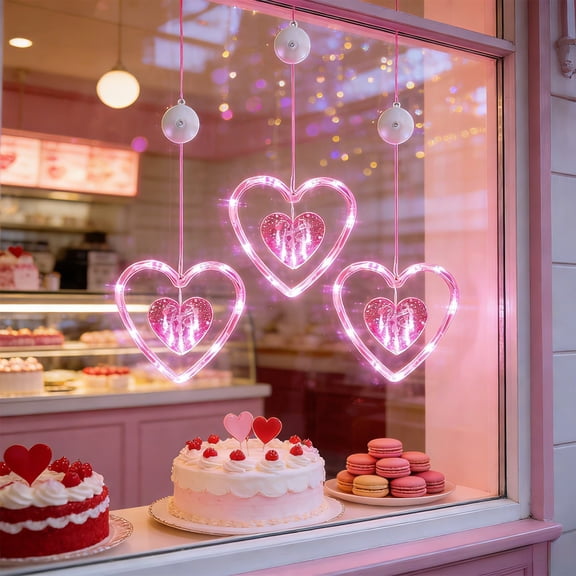 3 PCS Valentines Day Window Lights Decorations, Battery Powered Hanging Pink Lighted Heart Shaped Silhouette Sucker LED Lamp for Fireplace Indoor Home Decor