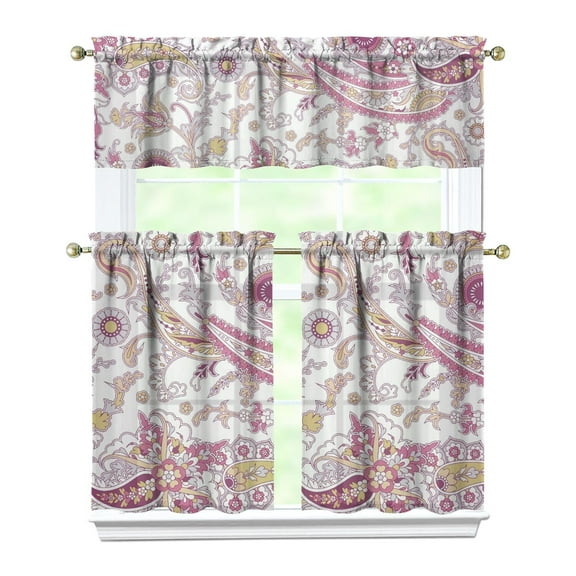 3 PCS Vintage Paisley Kitchen Curtains Set with Valance - Boho Ethnic Floral Pattern Semi-Sheer Tier Curtains for Farmhouse Windows