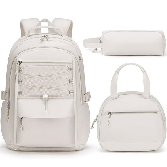 3 PCS Waterproof Backpack with Lunch Box & Pencil Case, Lightweight Bookbag Set for Casual Daypack Travel (Beige)