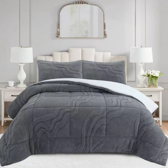 3 PCS Wave Jacquard Sherpa Comforter Set, Ultra Soft Warm Plush Comforter Set for Bedroom